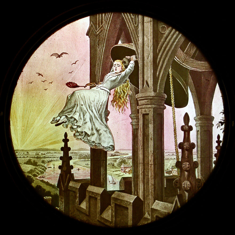 Rundes, handgemaltes Glasdia für die Laterna magica von Joseph Boggs Beale